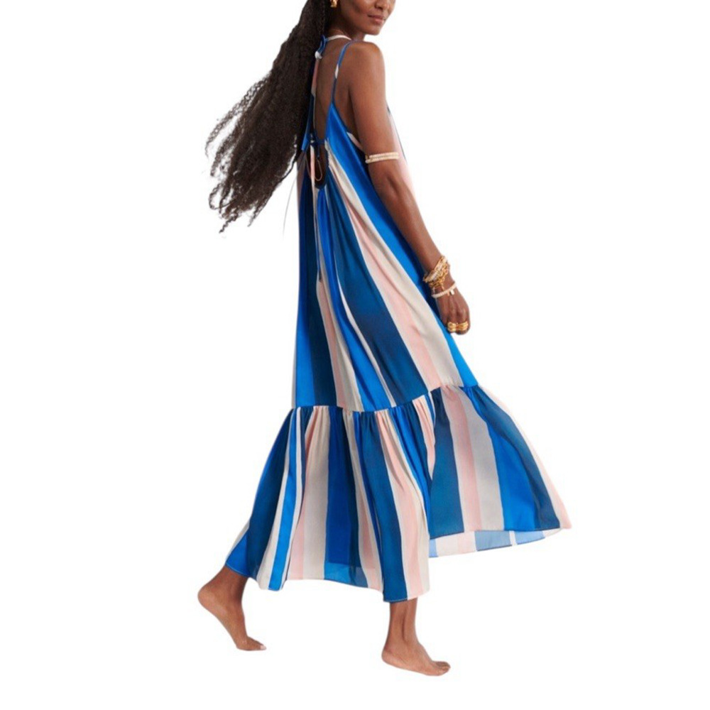 NWT LEMLEM x H&M Women's Size Large Blue Stripe Open Back Lacing Maxi Dress